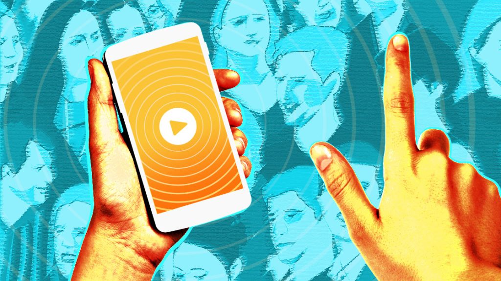 Hand holding a smartphone with illustrated faces in background.