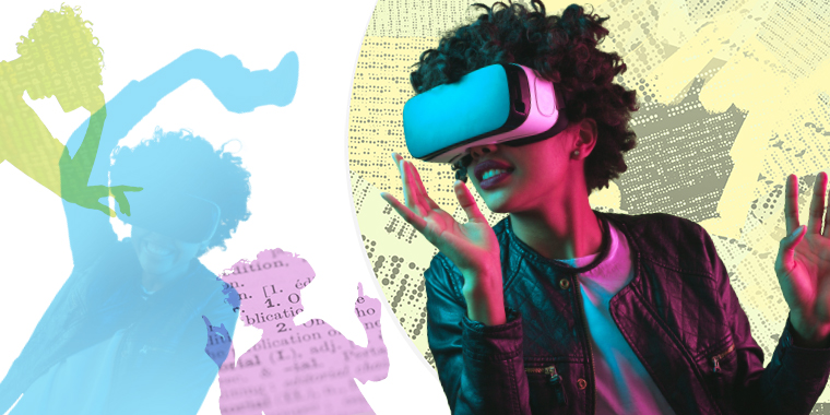 Image collage featuring a woman wearing a virtual reality headset in front of a graphic background.
