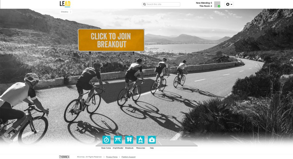 Screen shot of virtual environment breakout meeting page designed by Brella Productions, featuring five bikers race on a curvy, mountain road.
