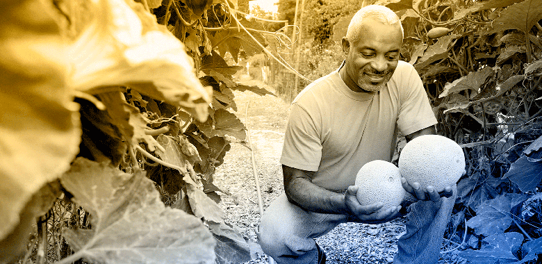 A male patient squats in a garden holding melons as he’s filmed for a patient journey video.