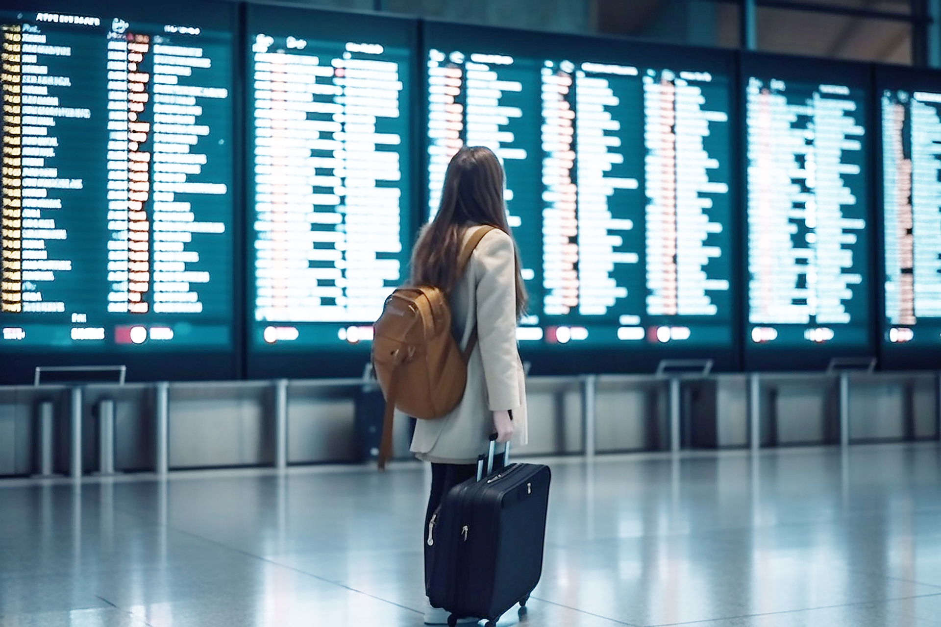 Female traveler with suitcase and backpack looking at airline arrival and departure screens.