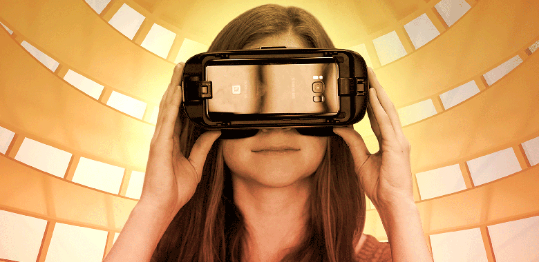 A woman wears a VR headset in front of virtual background.