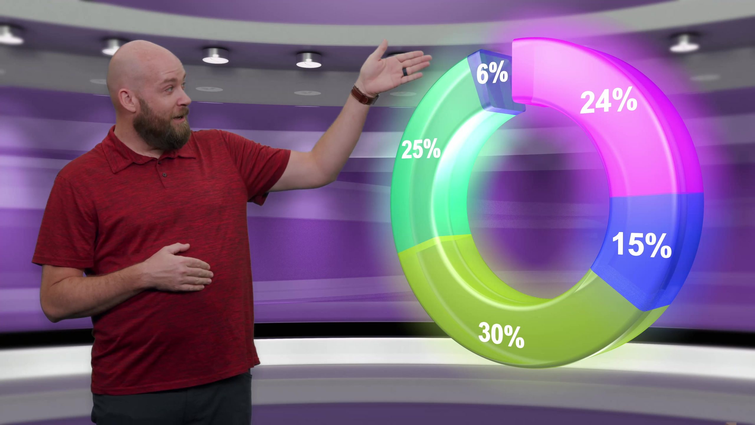 Image collage with a man presenting a 3D circular graphic in front of a colorful background during a virtual presentation designed by event management agency Brella Productions.