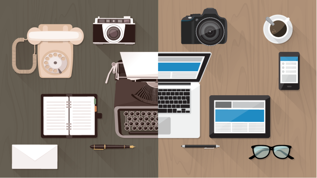 Illustration of 1960s desk contrasted with 2010s desk.