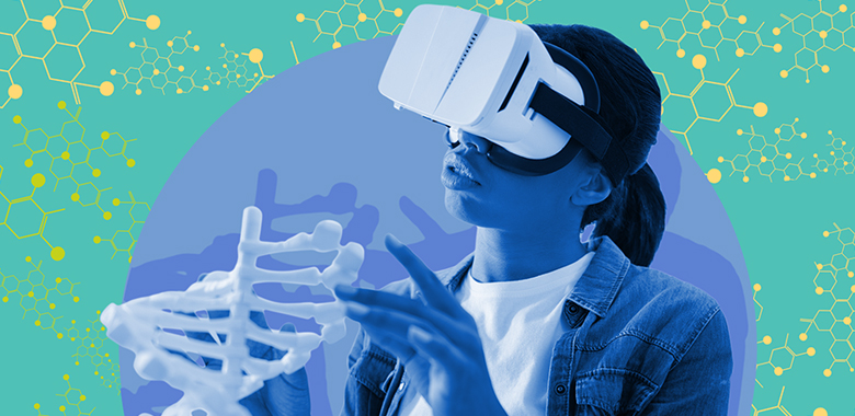 Collage image of a woman wearing VR headset interacting with a 3D model in front of a chemical compound-themed background.