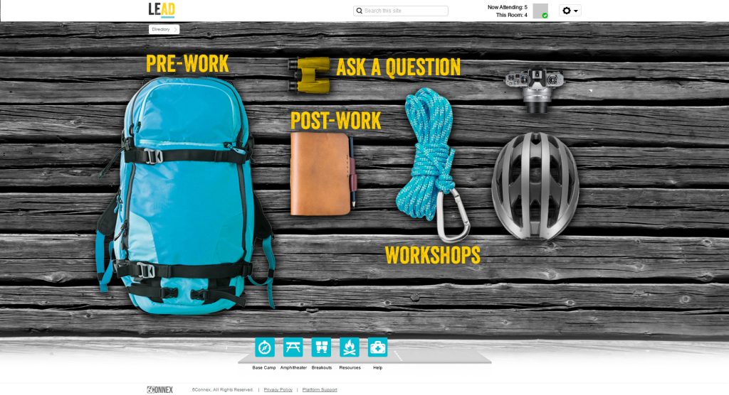 Screen shot of virtual environment activity page designed by Brella Productions, featuring a backpack, binoculars, a leather notebook, mountaineering rope with carabiner, camera, and bike helmet.