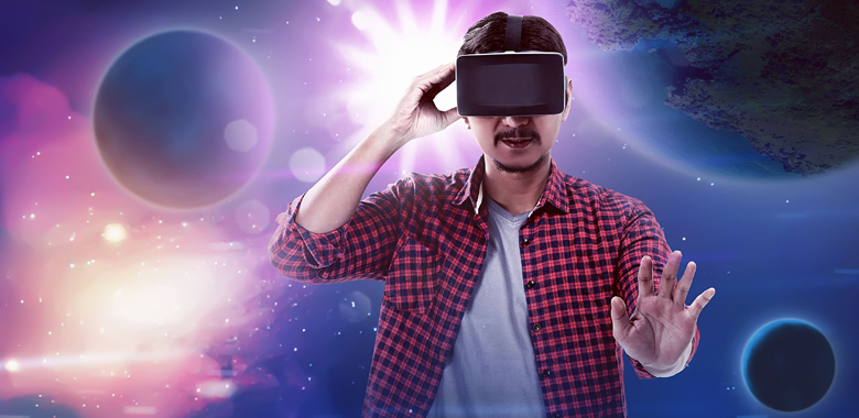 Man trying out virtual reality in front of cosmic background.