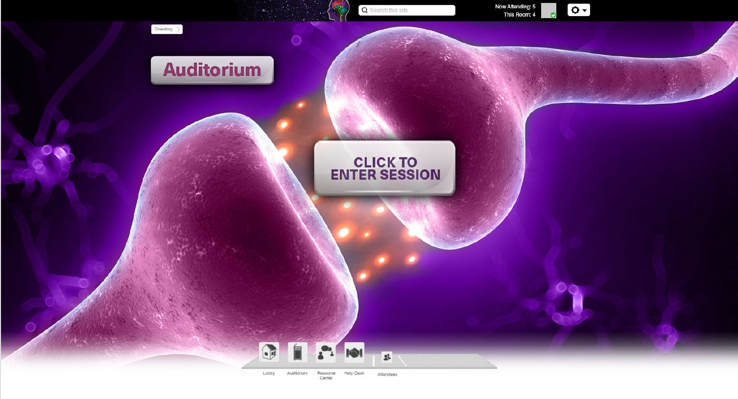 Screen shot of the virtual lobby for a Brella-designed, virtual conference featuring background of neurons firing.