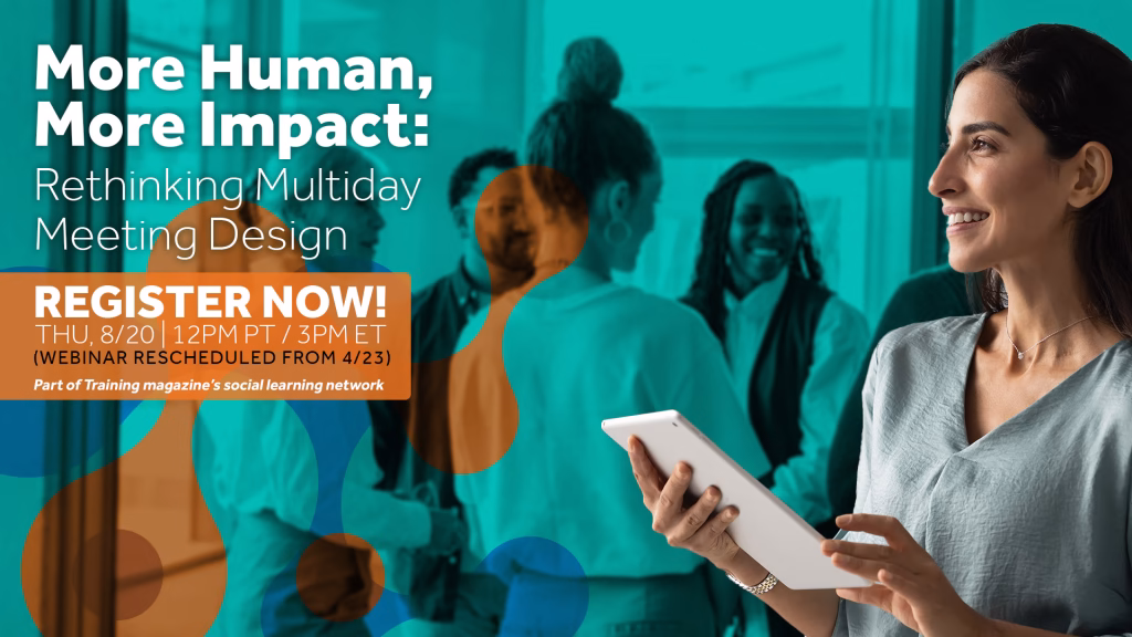 Promotional banner: smiling woman with tablet in foreground and coworkers in background, for a webinar on meeting design.